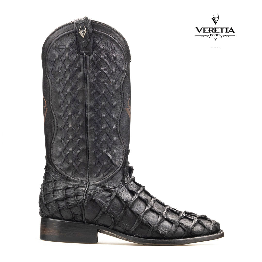 Brio Negro | Bota Vaquera Exótica de Piel de Pirarucu Veretta para Hombre