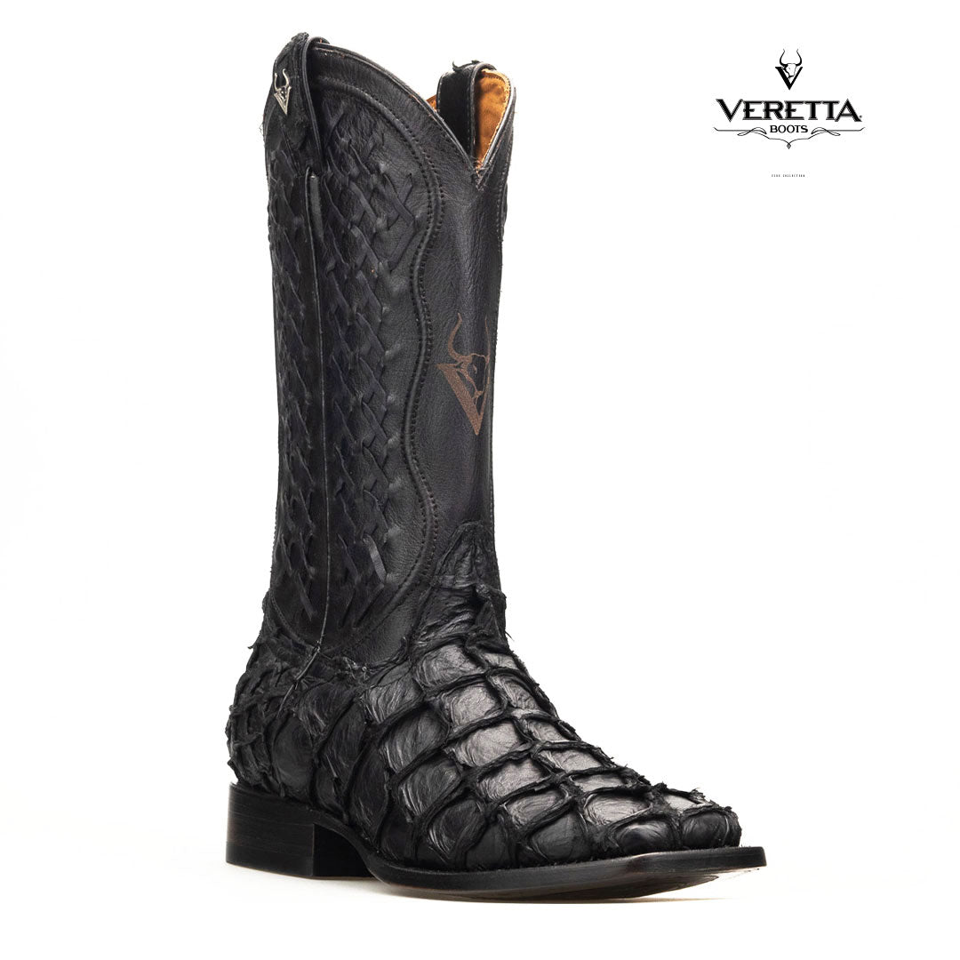 Brio Negro | Bota Vaquera Exótica de Piel de Pirarucu Veretta para Hombre