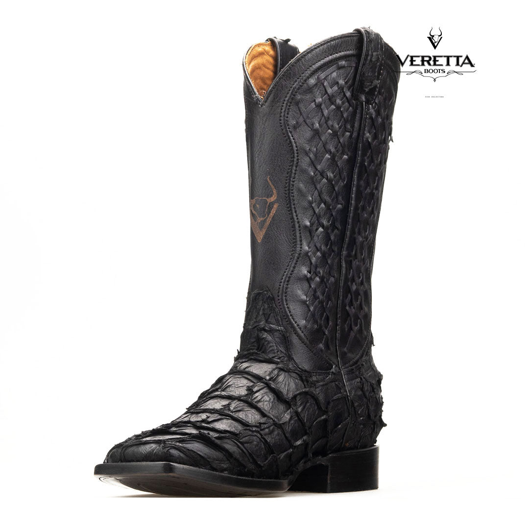 Brio Negro | Bota Vaquera Exótica de Piel de Pirarucu Veretta para Hombre