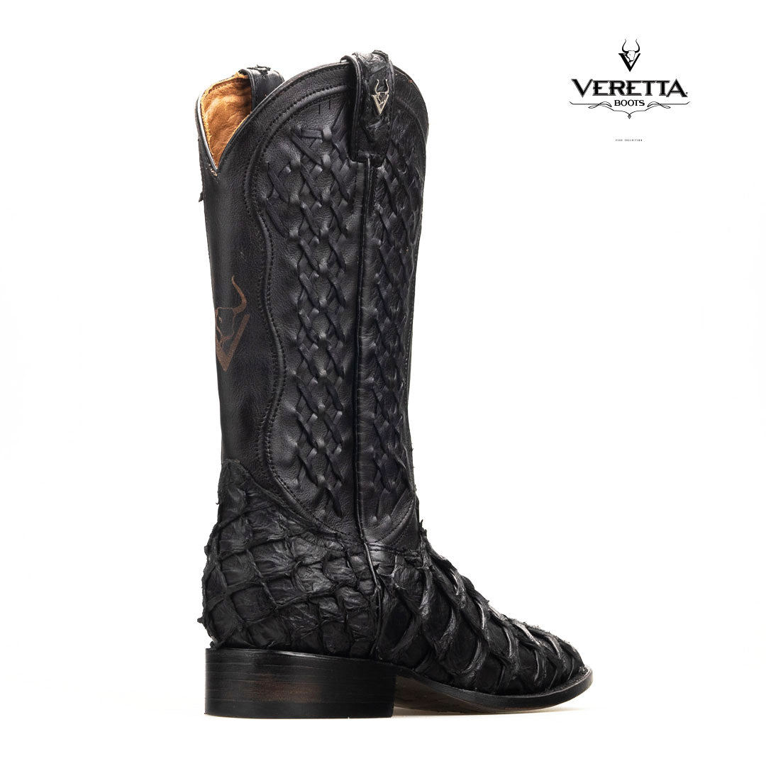 Brio Negro | Bota Vaquera Exótica de Piel de Pirarucu Veretta para Hombre