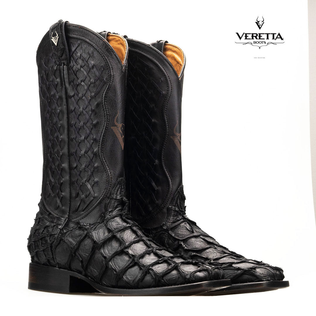 Brio Negro | Bota Vaquera Exótica de Piel de Pirarucu Veretta para Hombre