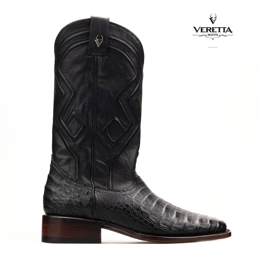 Royale Negro | Bota Vaquera Exótica de Piel de Cocodrilo Veretta para Hombre