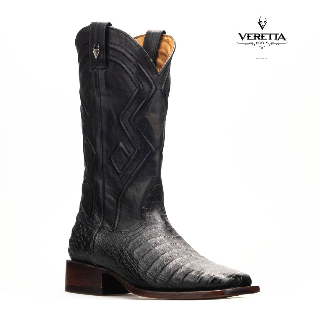 Royale Negro | Bota Vaquera Exótica de Piel de Cocodrilo Veretta para Hombre