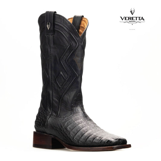 Royale Negro | Bota Vaquera Exótica de Piel de Cocodrilo Veretta para Hombre