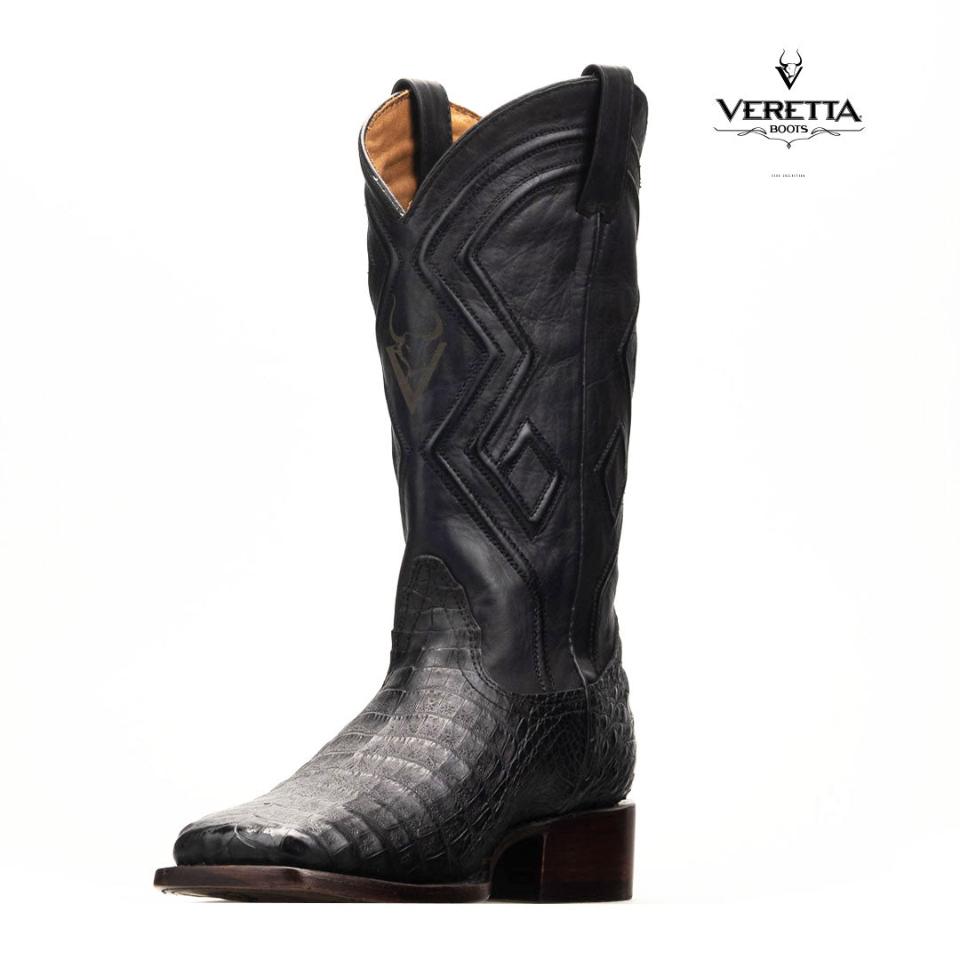 Royale Negro | Bota Vaquera Exótica de Piel de Cocodrilo Veretta para Hombre