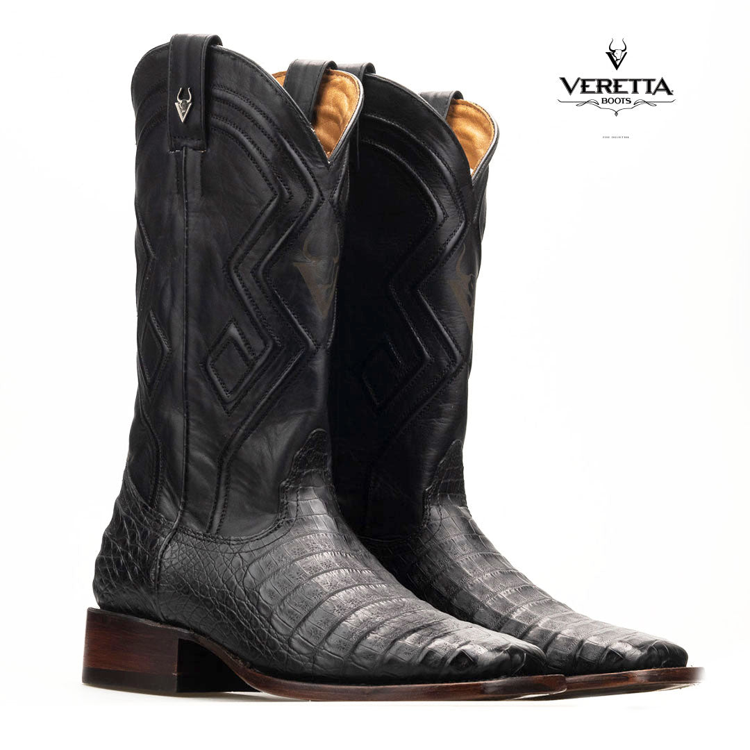 Royale Negro | Bota Vaquera Exótica de Piel de Cocodrilo Veretta para Hombre