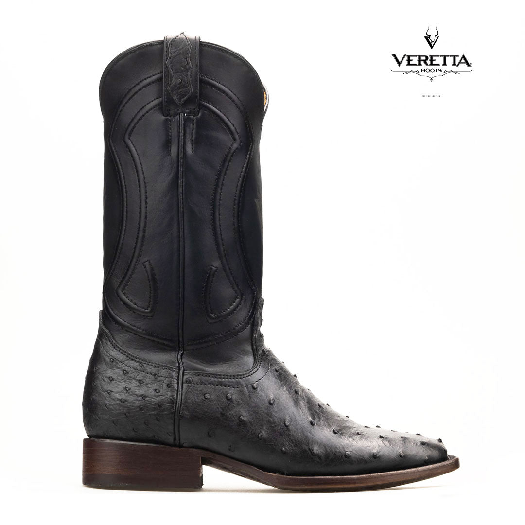 Bravo Negro | Bota Vaquera Exótica de Piel de Avestruz Veretta para Hombre