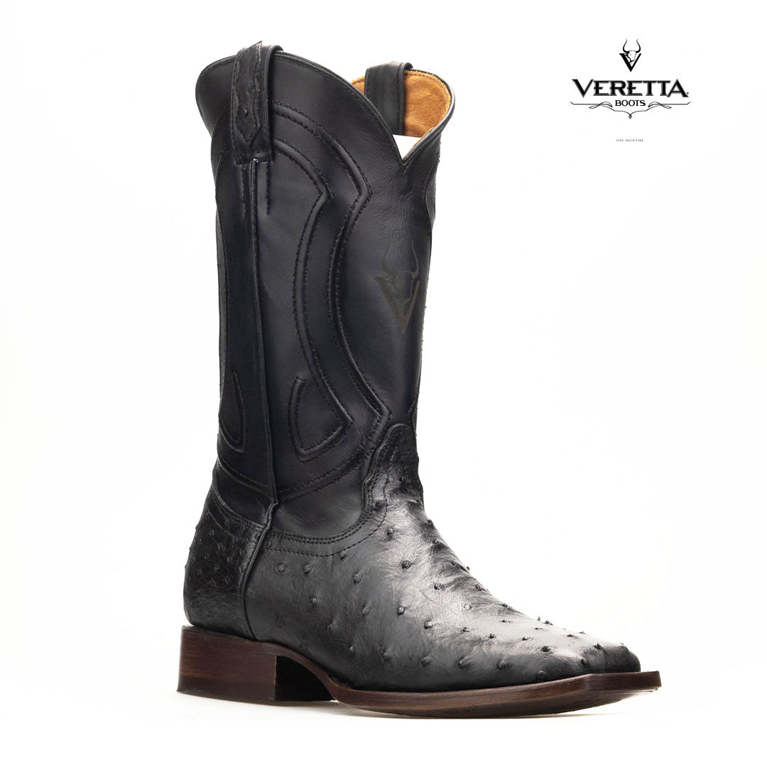 Bravo Negro | Bota Vaquera Exótica de Piel de Avestruz Veretta para Hombre