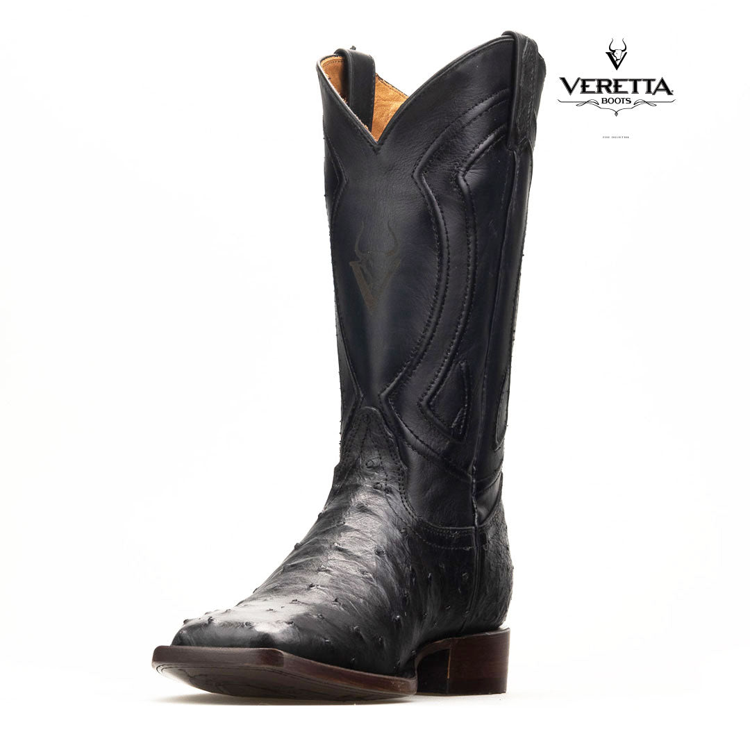 Bravo Negro | Bota Vaquera Exótica de Piel de Avestruz Veretta para Hombre