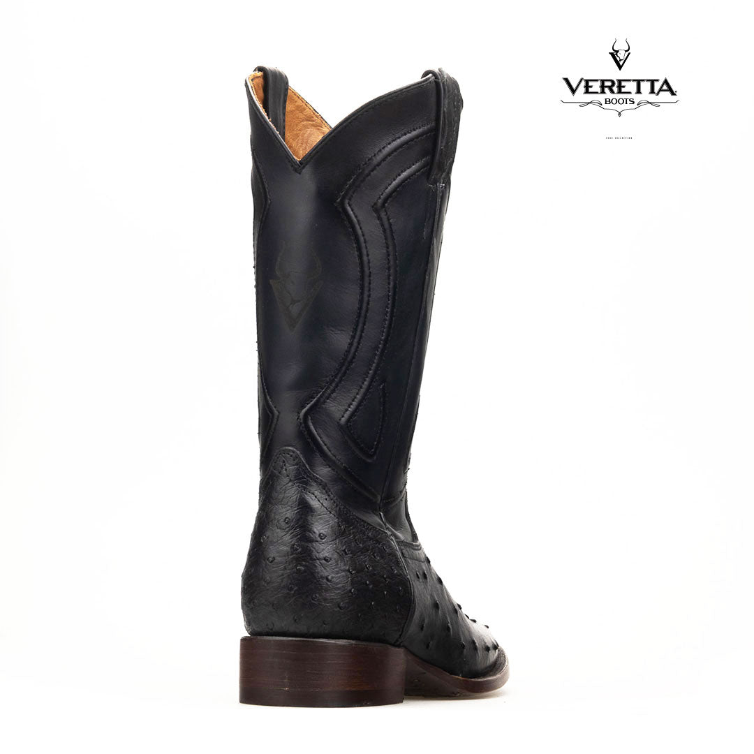 Bravo Negro | Bota Vaquera Exótica de Piel de Avestruz Veretta para Hombre